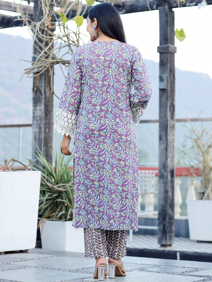 Purple pure Cotton kurta dupatta set with Thread_Work detailing-Yufta Store-1815SKDPRS