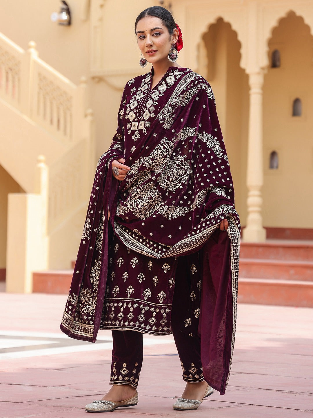 Purple velvet kurta dupatta set