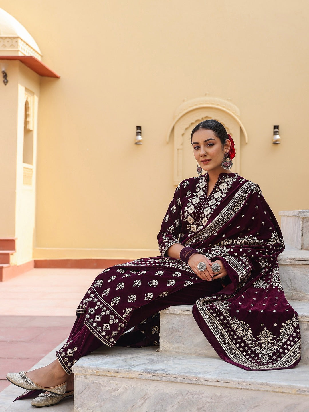 Purple velvet kurta dupatta set