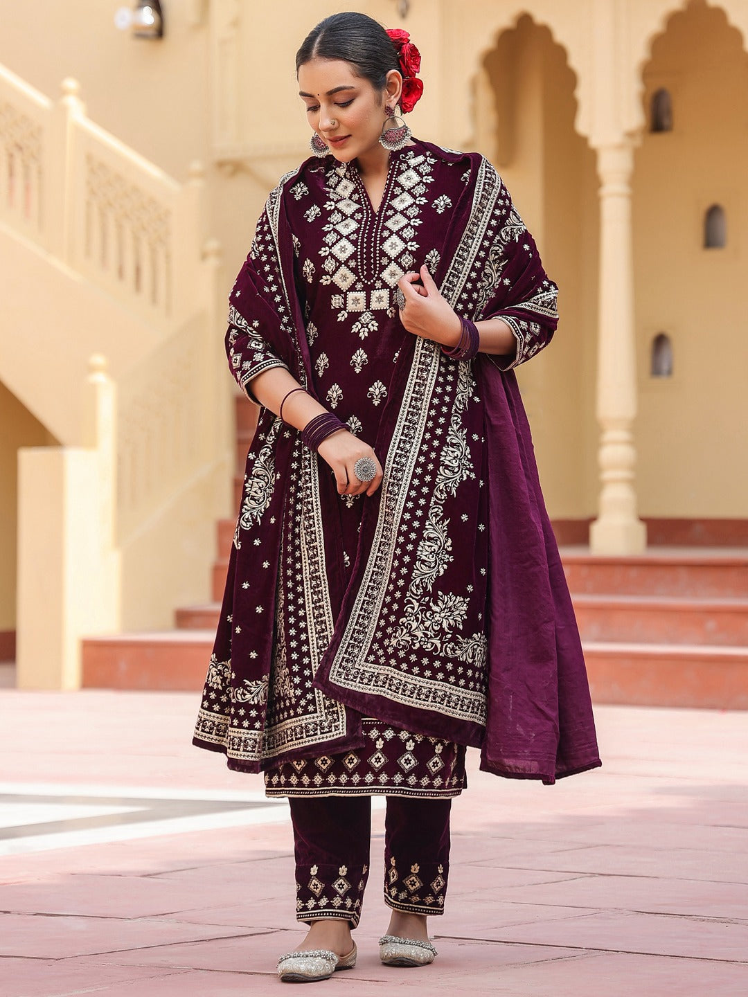 Purple velvet kurta dupatta set