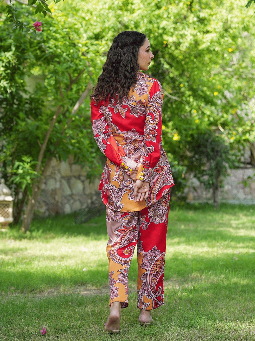 Red And Yellow Printed Satin Shirt with Trousers Co-Ords