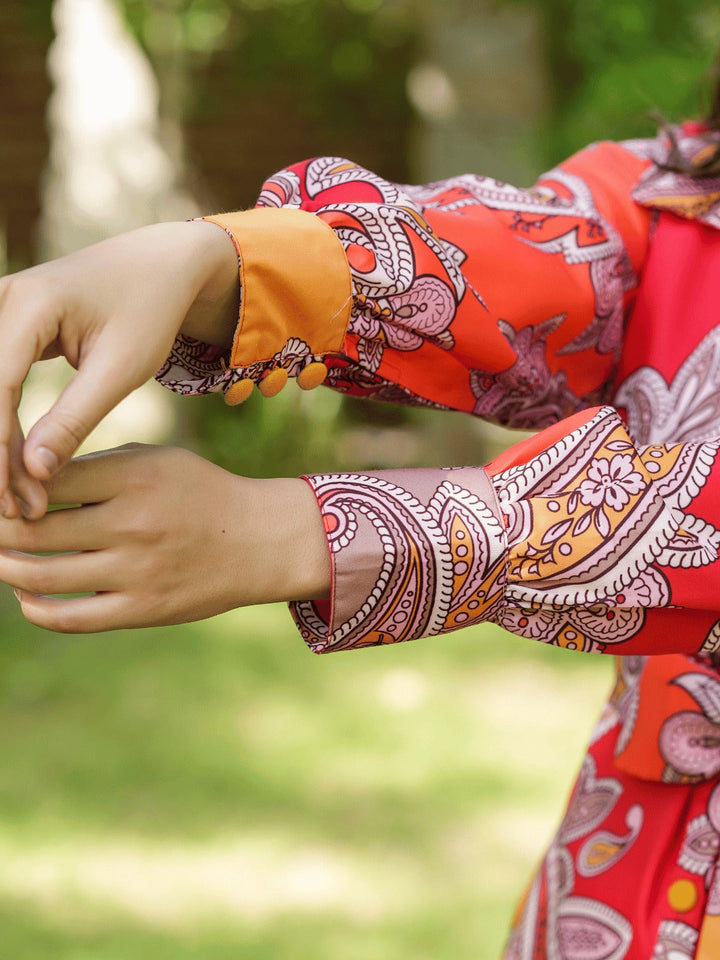 Red And Yellow Printed Satin Shirt with Trousers Co-Ords-Yufta Store-1451CRDRDS