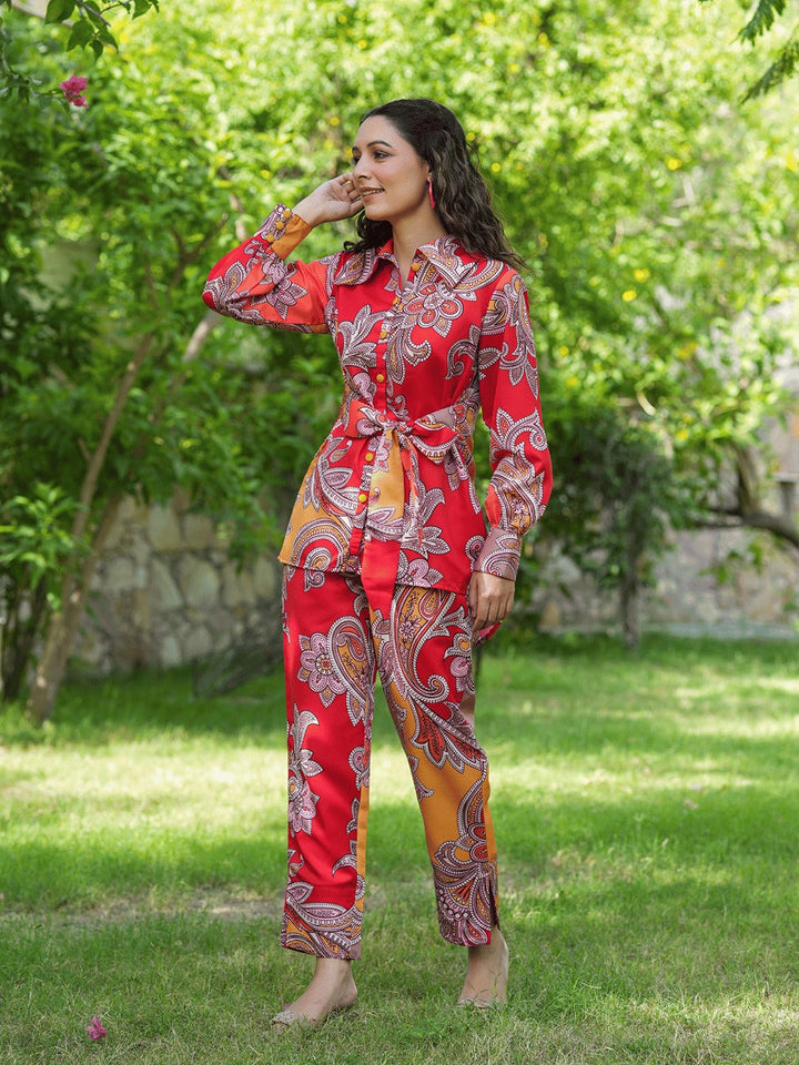 Red And Yellow Printed Satin Shirt with Trousers Co-Ords