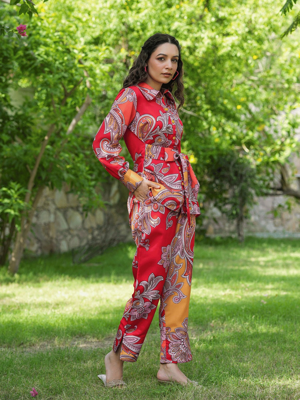 Red And Yellow Printed Satin Shirt with Trousers Co-Ords-Yufta Store-1451CRDRDS