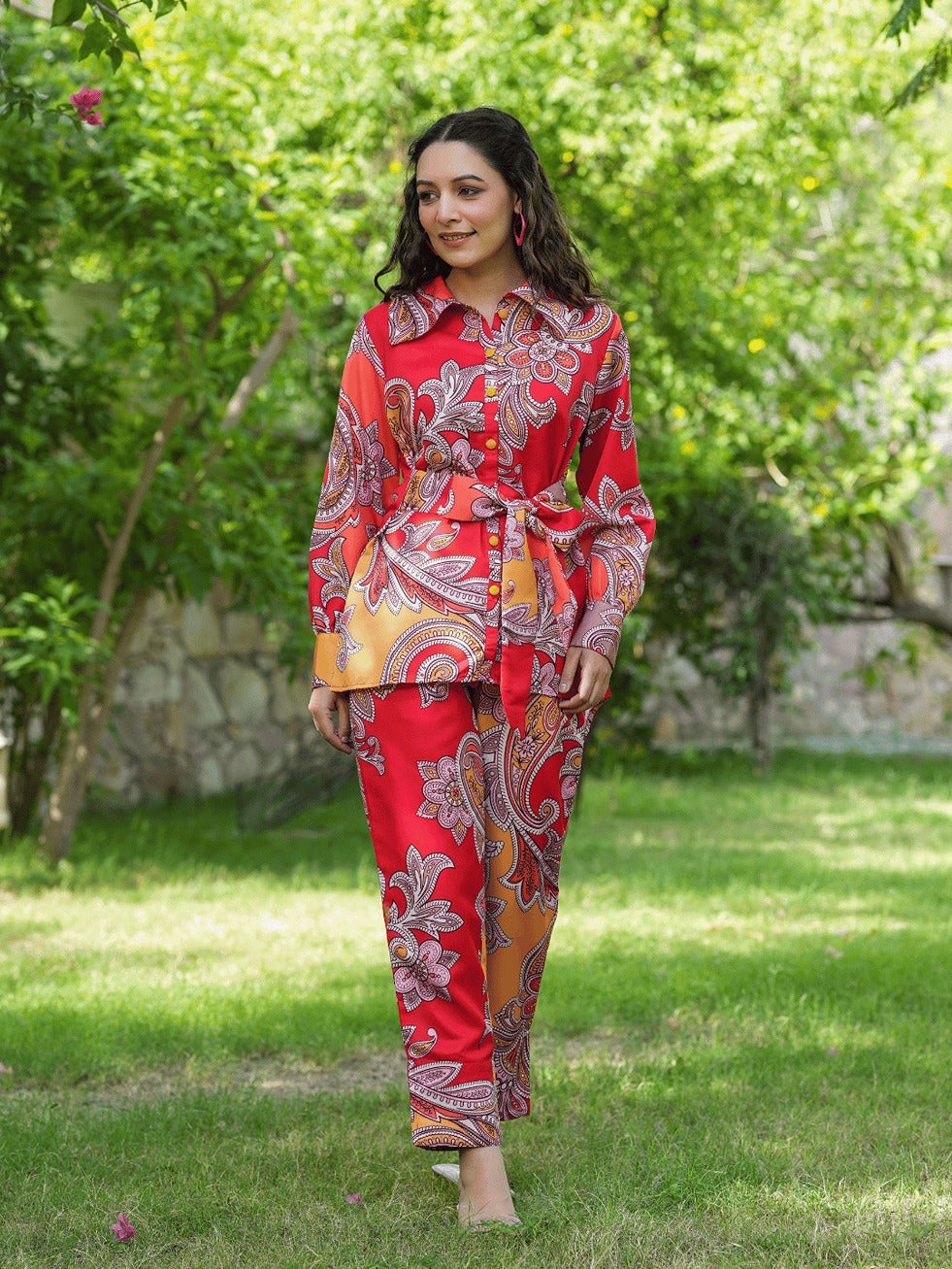 Red And Yellow Printed Satin Shirt with Trousers Co-Ords