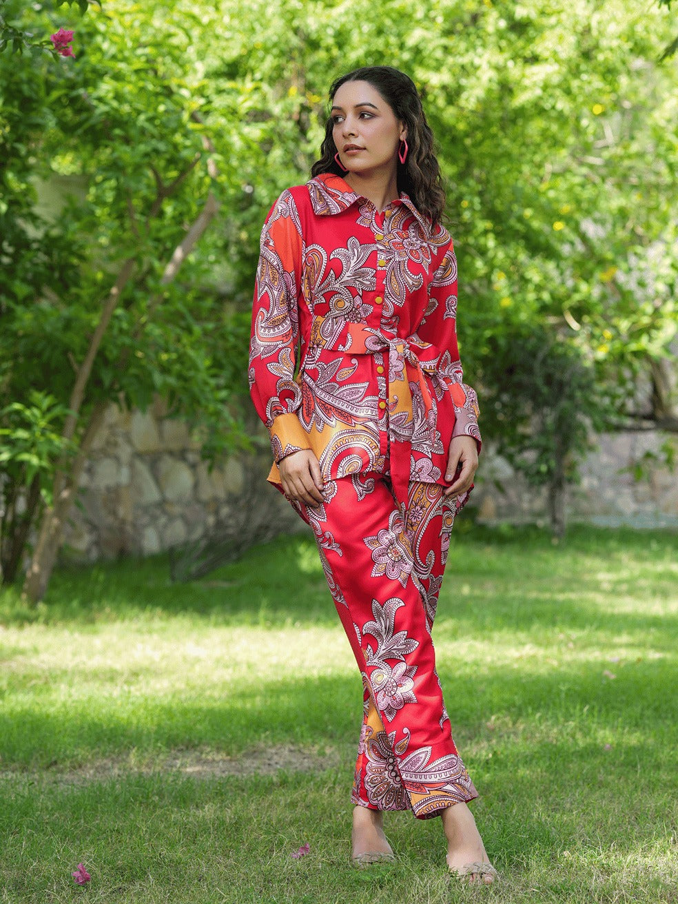 Red And Yellow Printed Satin Shirt with Trousers Co-Ords