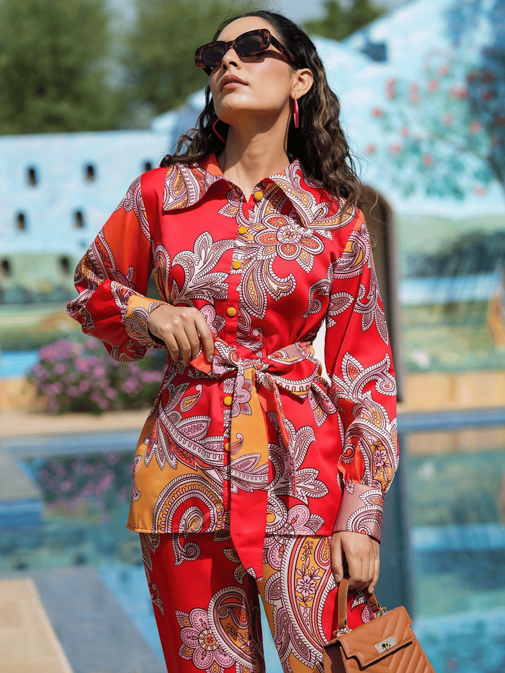 Red And Yellow Printed Satin Shirt with Trousers Co-Ords-Yufta Store-1451CRDRDS