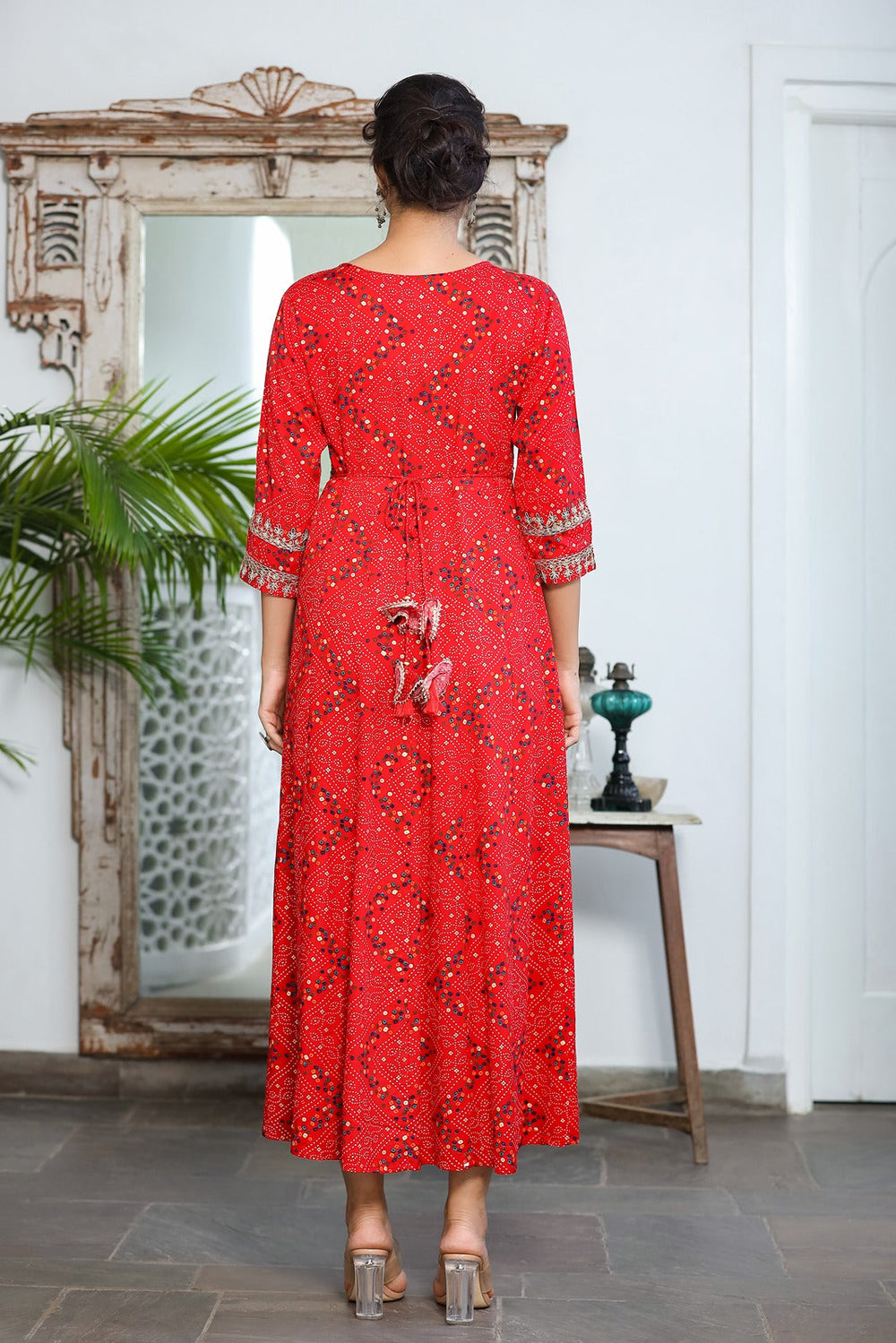 Red Bandhani Embroidered Dress-Yufta Store-9345DRSRDS