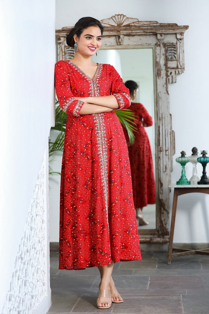 Red Bandhani Embroidered Dress-Yufta Store-9345DRSRDS