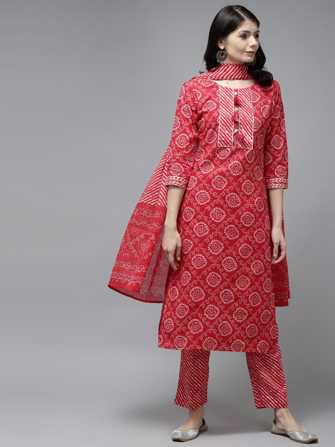 Red Bandhani Embroidered Dupatta Set