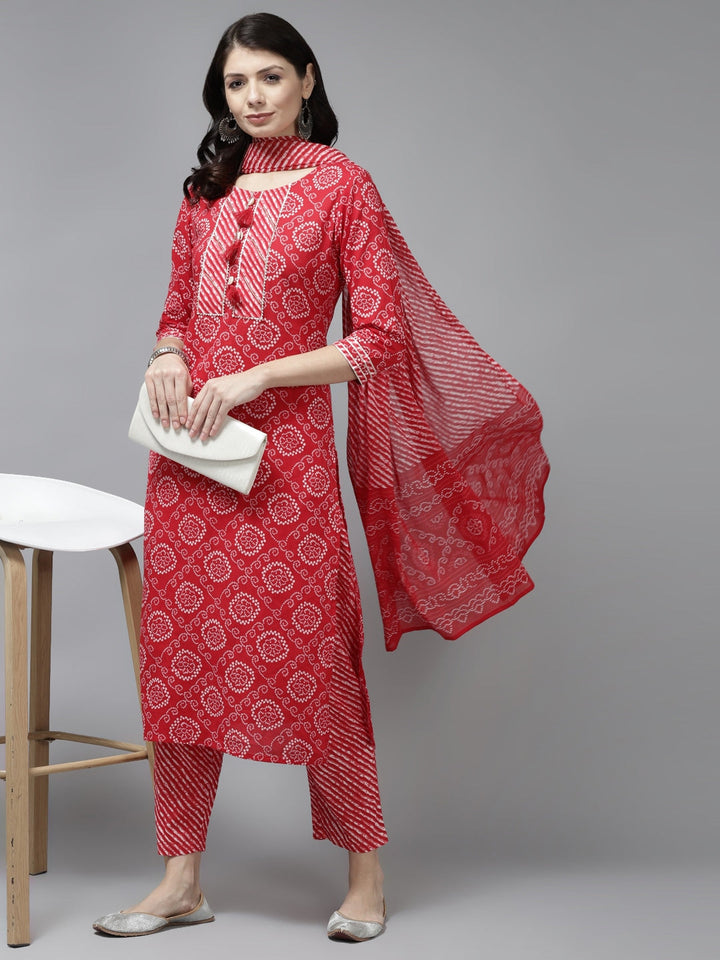 Red Bandhani Embroidered Dupatta Set-Yufta Store-9752SKDRDS