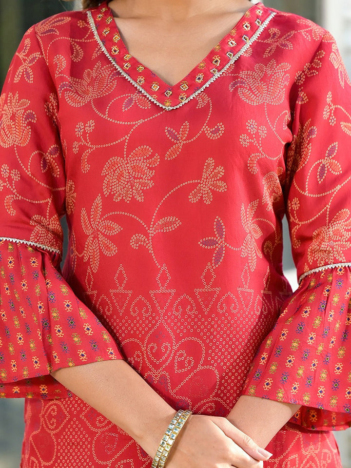 Red Bandhani print Kurta Palazzo with Dupatta Set-Yufta Store-1151SKDRDS