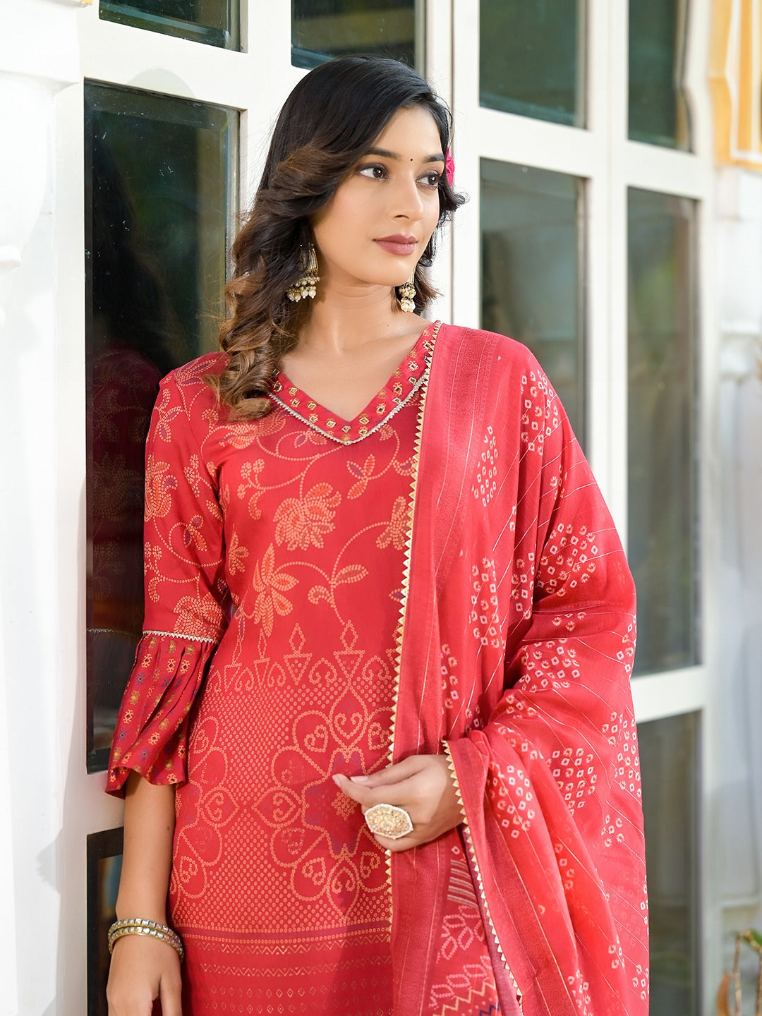 Red Bandhani print Kurta Palazzo with Dupatta Set