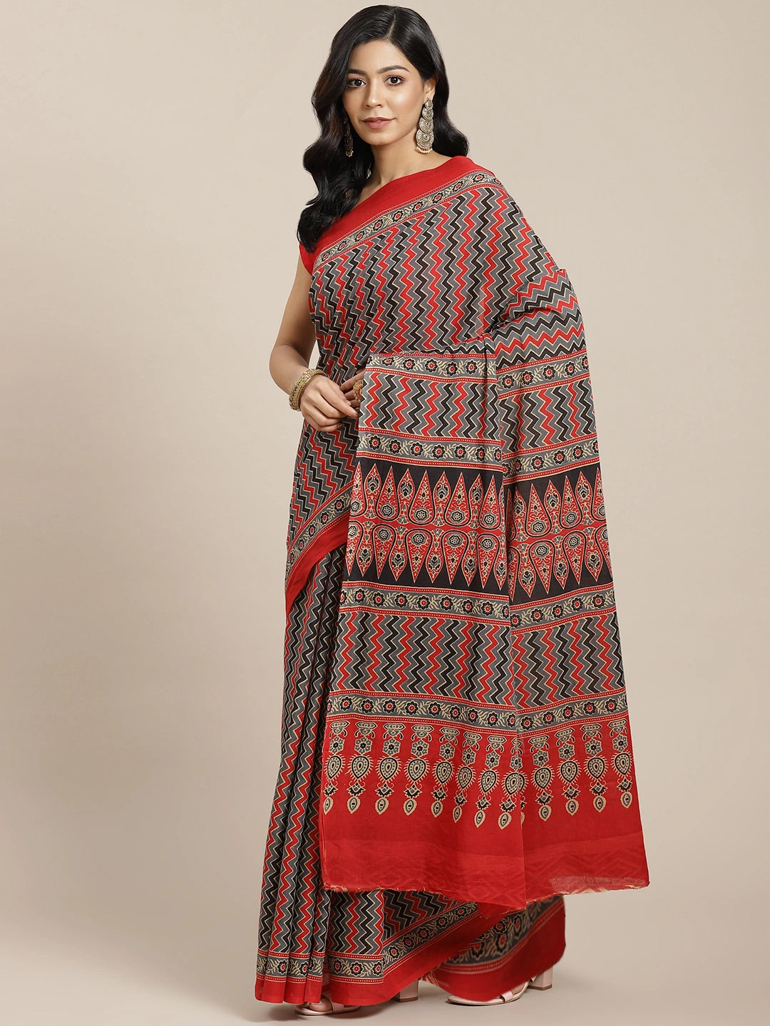 Red & Beige Ethnic Motifs Saree-Yufta Store-6015SARRD