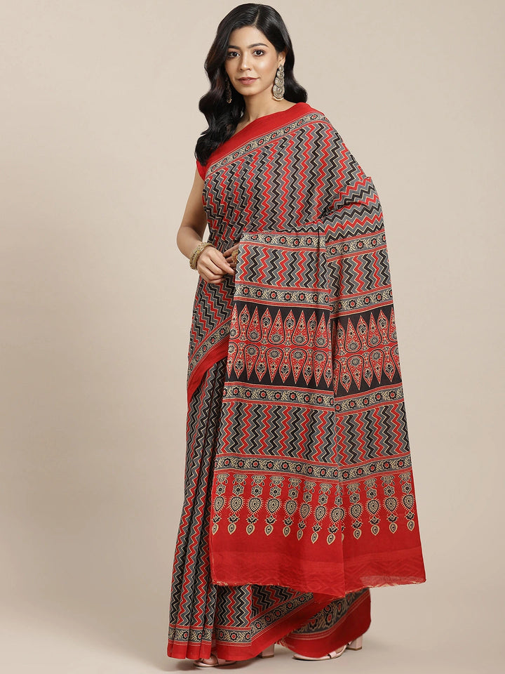 Red & Beige Ethnic Motifs Saree-Yufta Store-6015SARRD