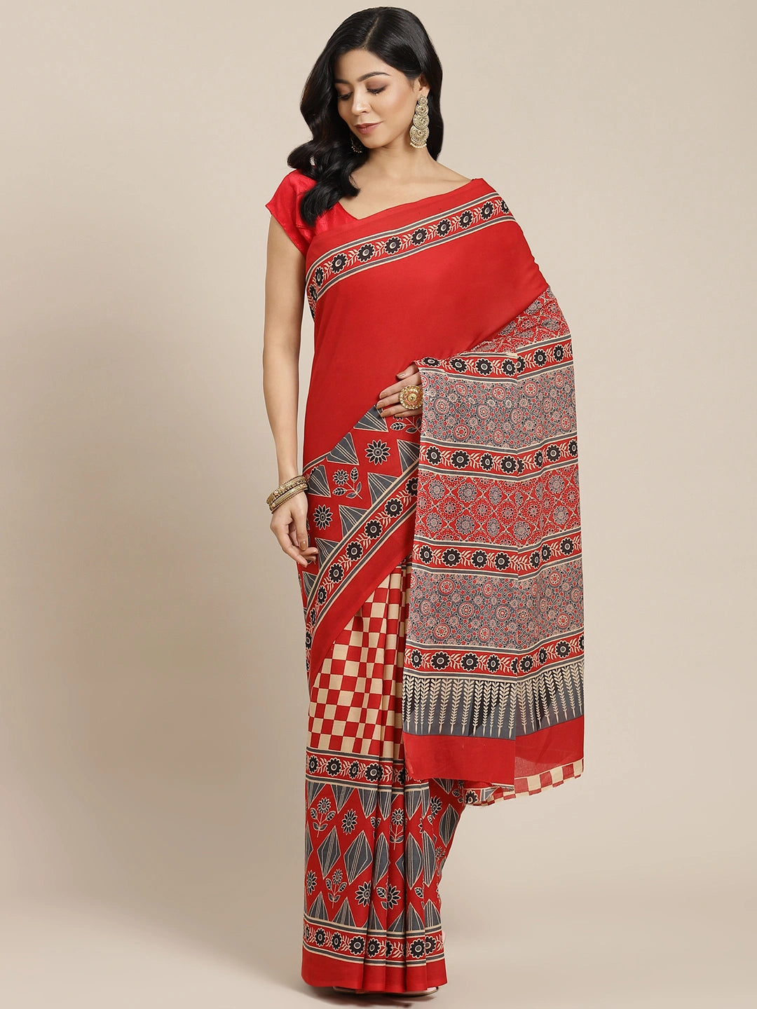 Red & Blue Ethnic Motifs Saree-Yufta Store-6018SARRD