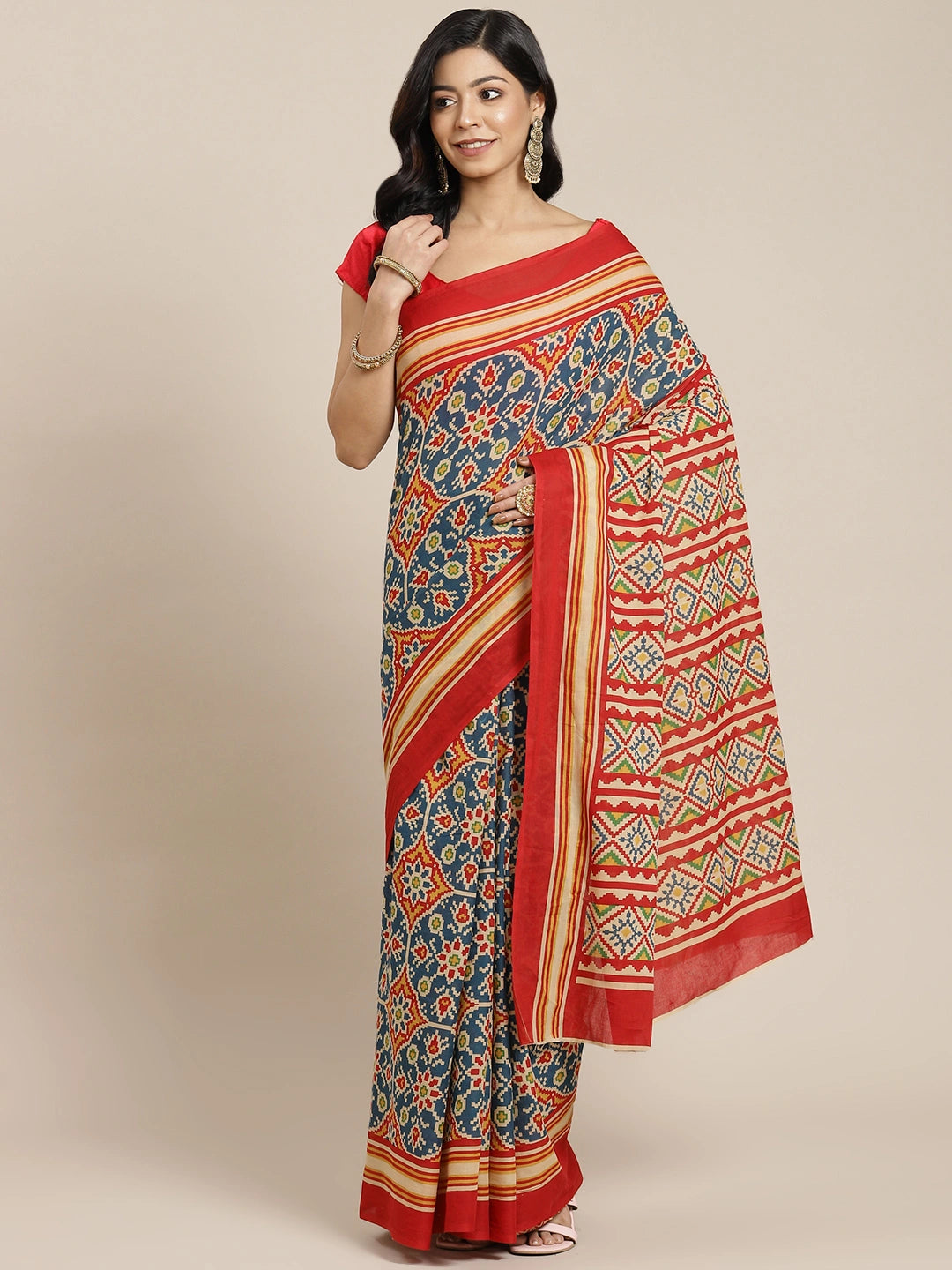 Red & Blue Ethnic Motifs Saree-Yufta Store-6020SARRD