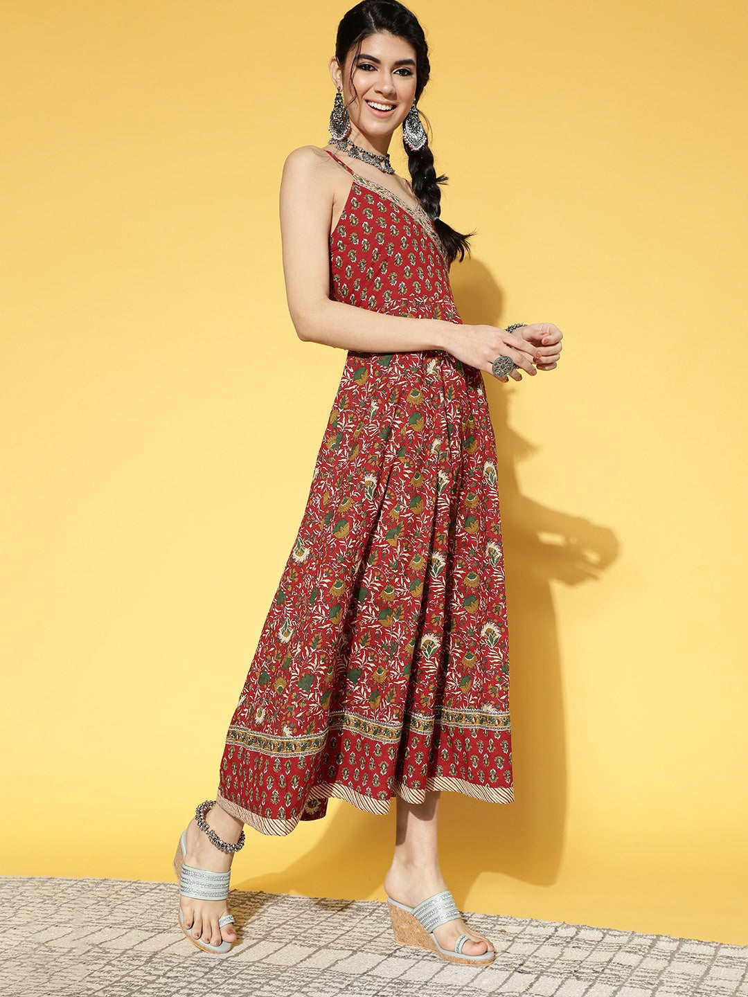 Red & Brown Printed Dress-Yufta Store-9566DRSRDS