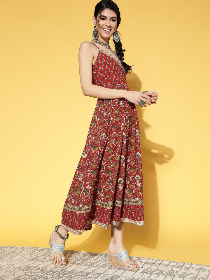Red & Brown Printed Dress-Yufta Store-9566DRSRDS