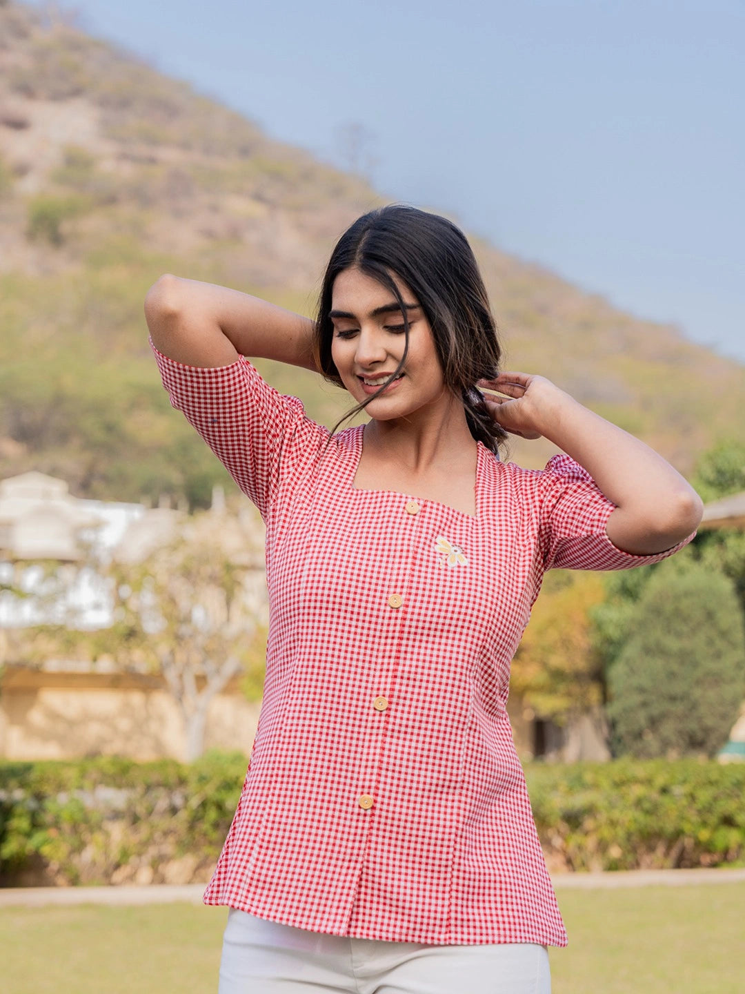 Red Cotton Checks Printed Top-Yufta Store-1500TOPRDS