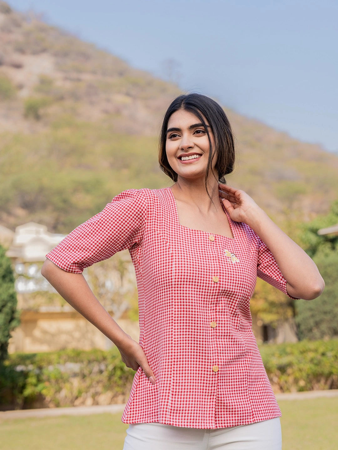 Red Cotton Checks Printed Top-Yufta Store-1500TOPRDS