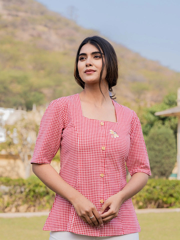 Red Cotton Checks Printed Top-Yufta Store-1500TOPRDS