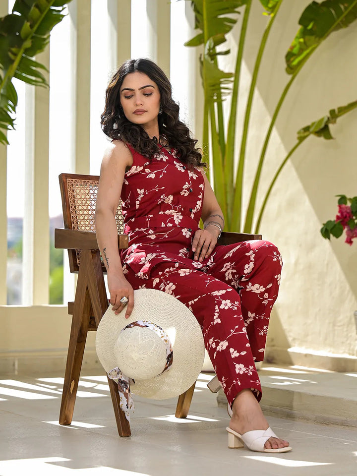 Red Cotton Floral Print Comes With A Belt Co-Ord Set-Yufta Store-6944CRDRDS