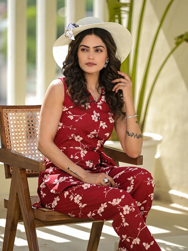 Red Cotton Floral Print Comes With A Belt Co-Ord Set-Yufta Store-6944CRDRDS