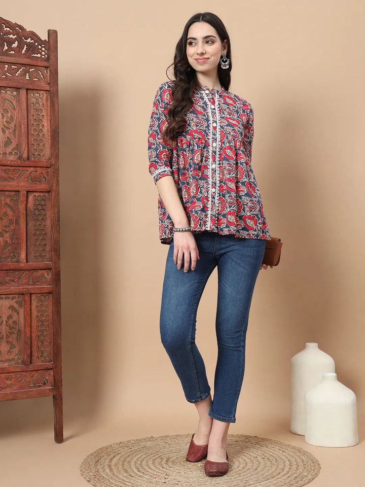Red Cotton Floral Print Peplum Top With Lace Detailing-Yufta Store-1758TOPRDS