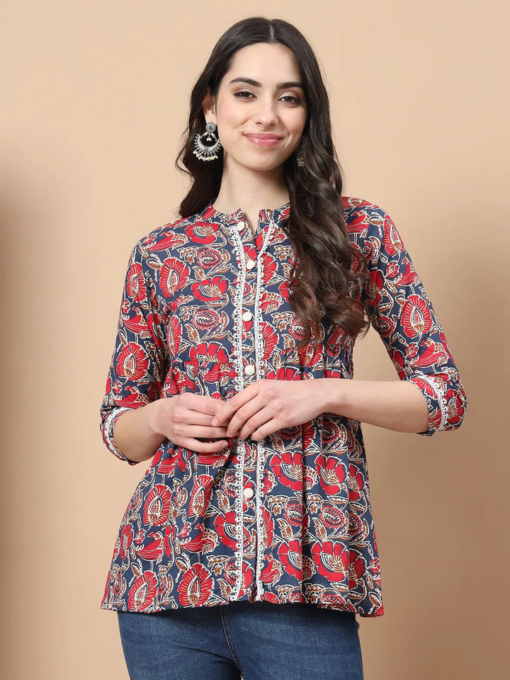 Red Cotton Floral Print Peplum Top With Lace Detailing-Yufta Store-1758TOPRDS