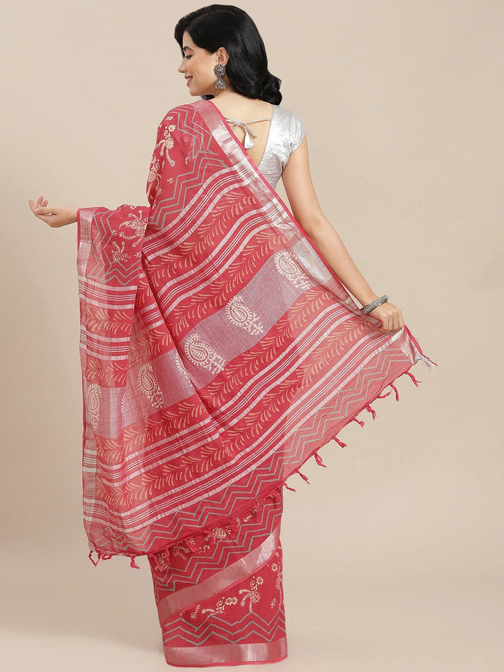 Red Cotton Linen Saree-Yufta Store-6043SARRD