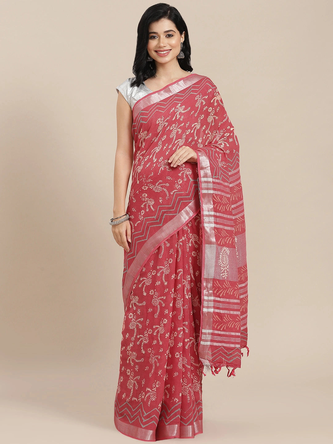 Red Cotton Linen Saree-Yufta Store-6043SARRD