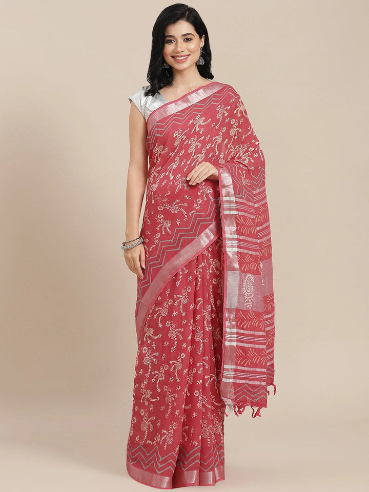 Red Cotton Linen Saree-Yufta Store-6043SARRD