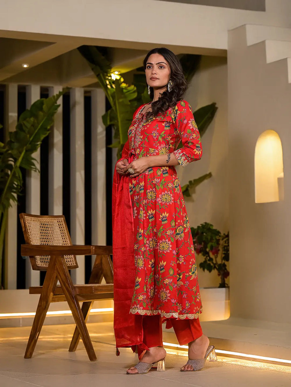 Red Dori Embroidery Voile Anarkali Kurta With Trousers With Dupatta Set-Yufta Store-1687SKDRDS