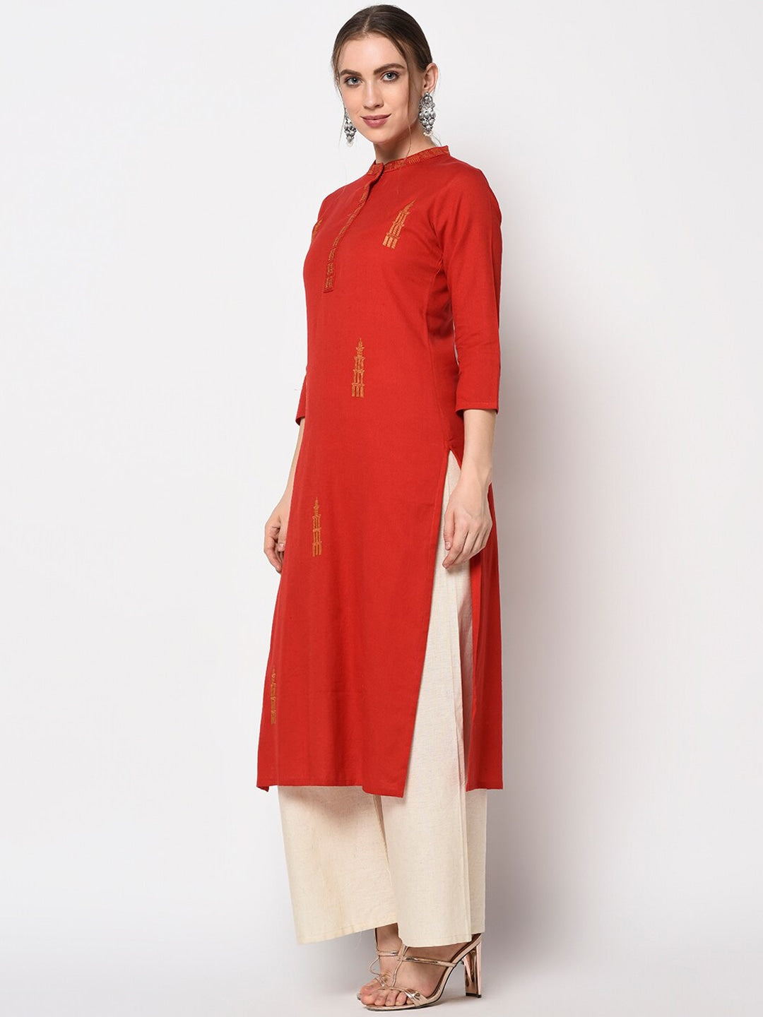 Red Embroidered Kurta-Yufta Store-7238KURRDS