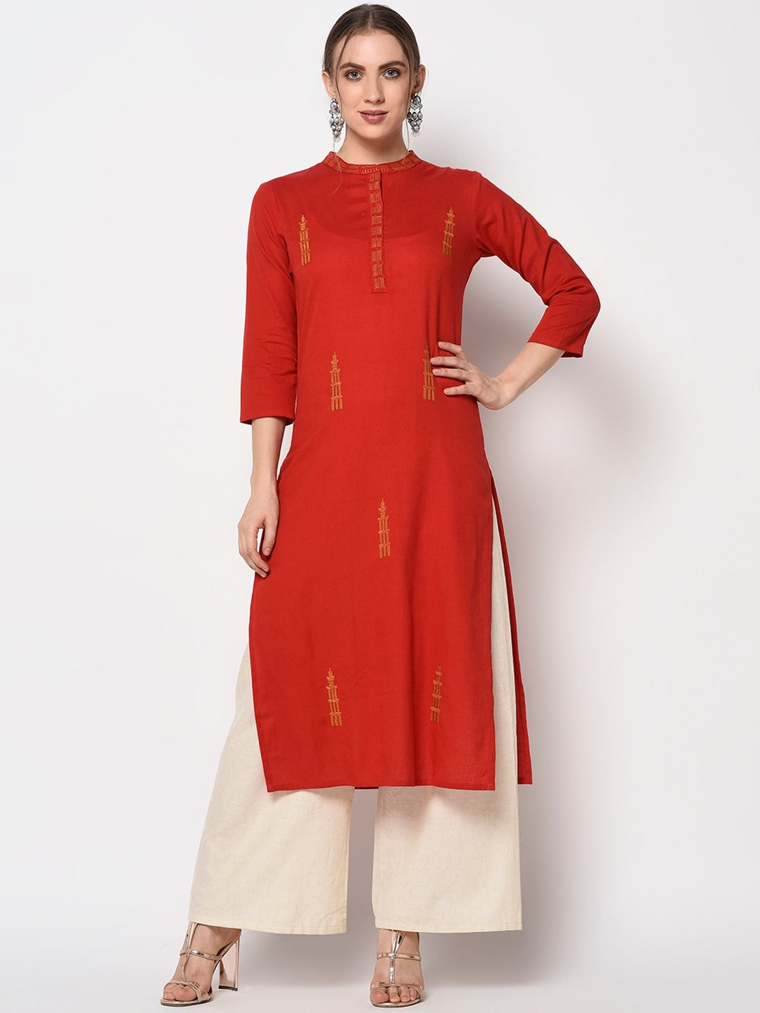 Red Embroidered Kurta-Yufta Store-7238KURRDS