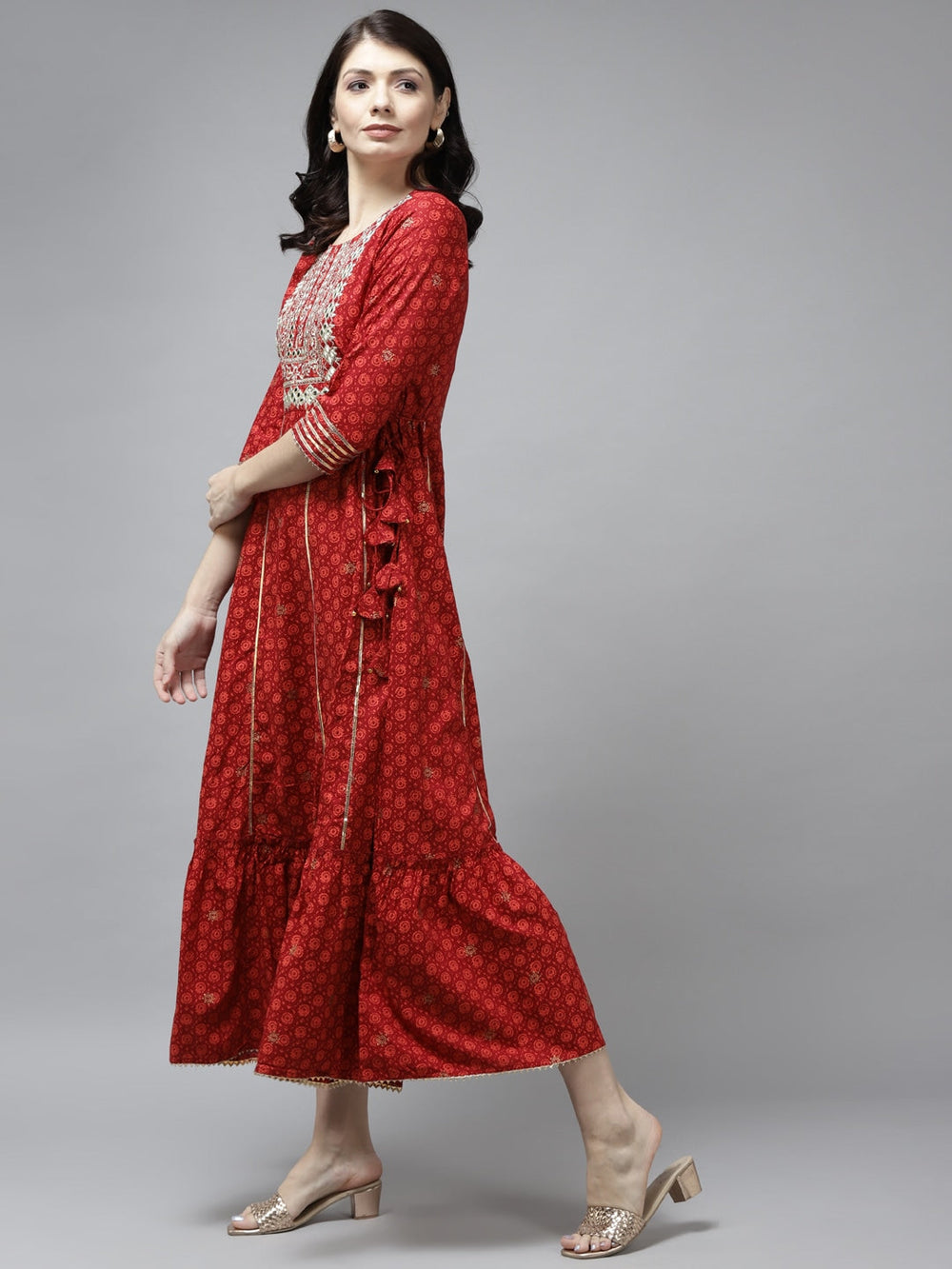 Red Embroidered Midi Dress