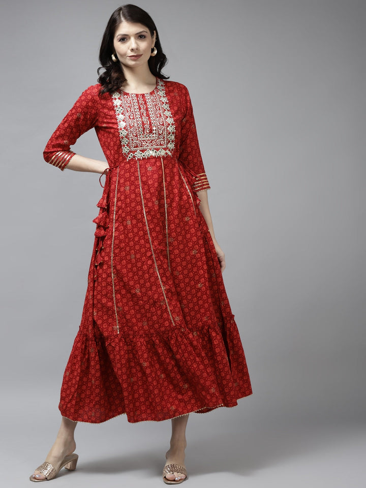 Red Embroidered Midi Dress-Yufta Store-5808DRSRDS