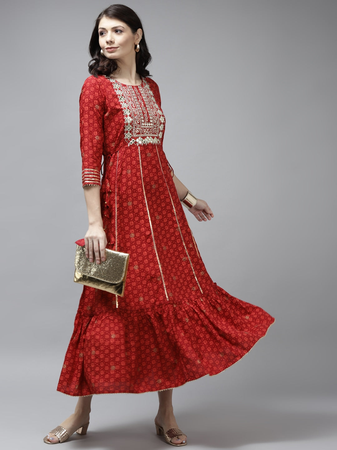 Red Embroidered Midi Dress-Yufta Store-5808DRSRDS