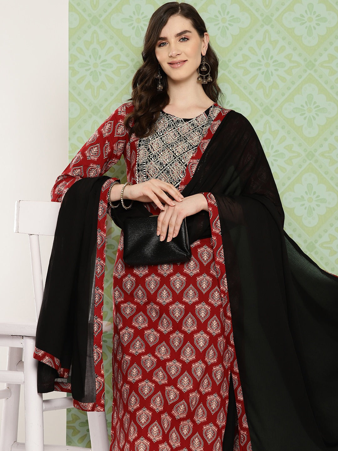 Red Ethnic Motifs Printed Regular Pure Cotton Kurta with Trousers & With Dupatta Set-Yufta Store-1392SKDRDS