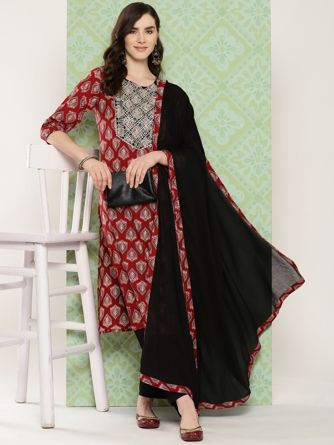 Red Ethnic Motifs Printed Regular Pure Cotton Kurta with Trousers & With Dupatta Set-Yufta Store-1392SKDRDS