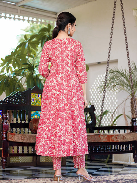 Red Ethnic Motifs Printed Regular Thread Work Pure Cotton Kurta with Trousers & With Dupatta-Yufta Store-1620SKDRDS