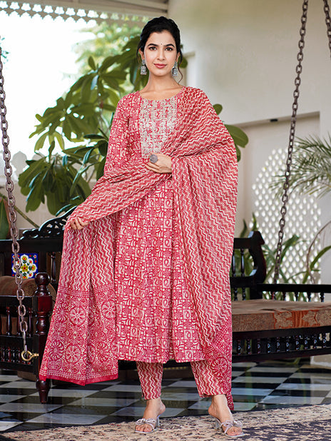 Red Ethnic Motifs Printed Regular Thread Work Pure Cotton Kurta with Trousers & With Dupatta