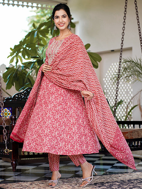 Red Ethnic Motifs Printed Regular Thread Work Pure Cotton Kurta with Trousers & With Dupatta