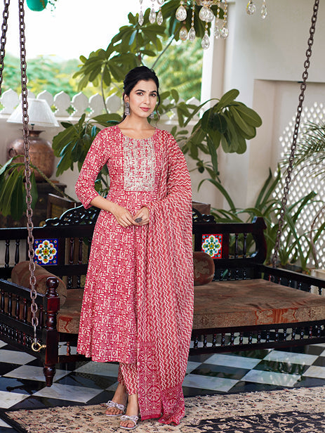 Red Ethnic Motifs Printed Regular Thread Work Pure Cotton Kurta with Trousers & With Dupatta-Yufta Store-1620SKDRDS