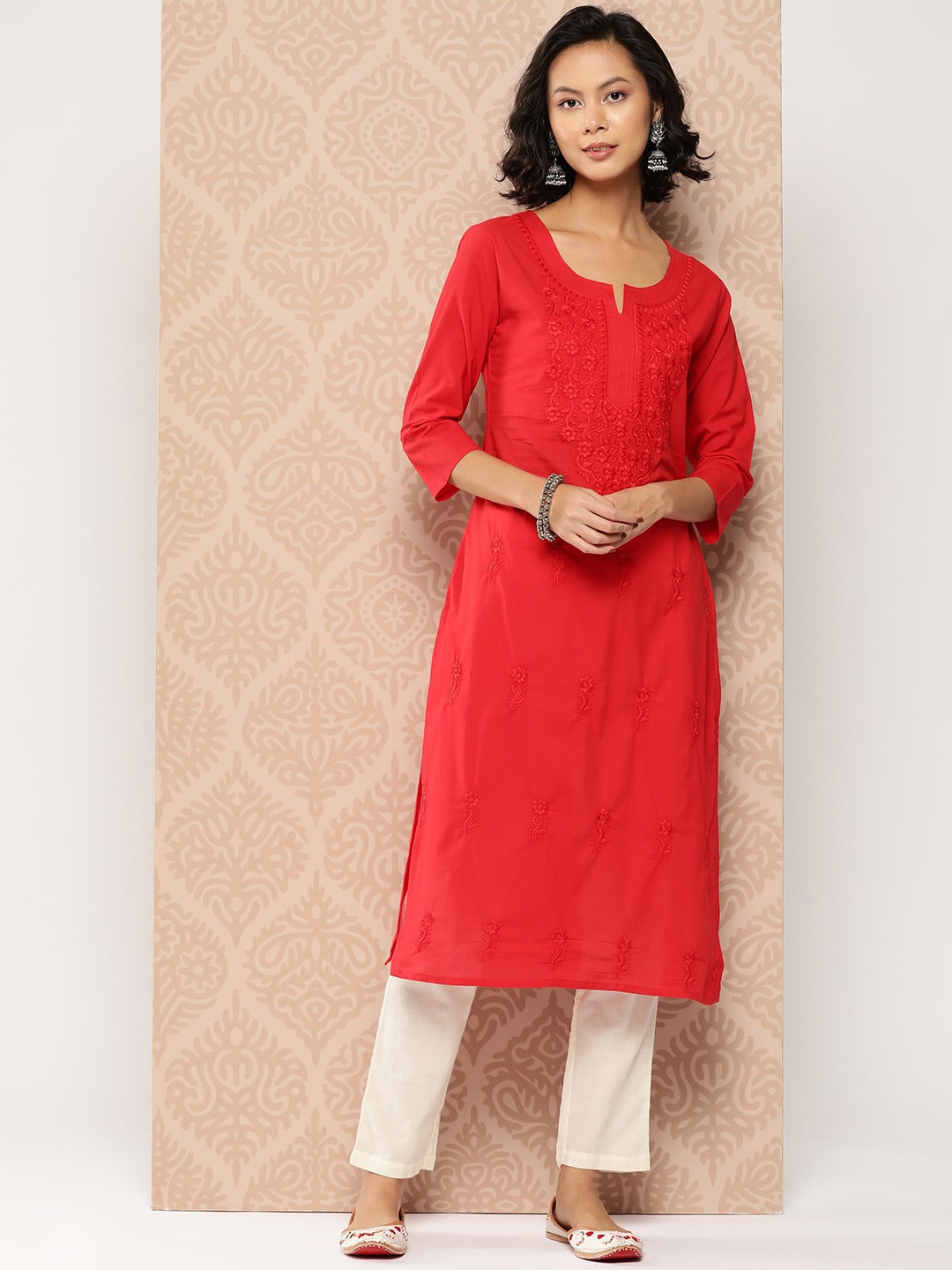 Red Floral Embroidered Chikankari Cotton Kurta-Yufta Store-1285KURRDS