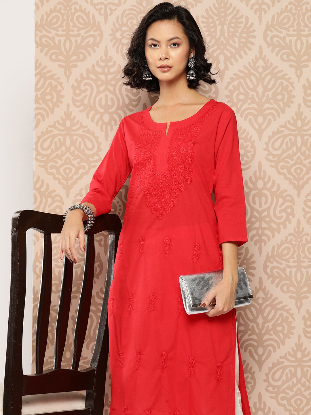 Red Floral Embroidered Chikankari Cotton Kurta-Yufta Store-1285KURRDS