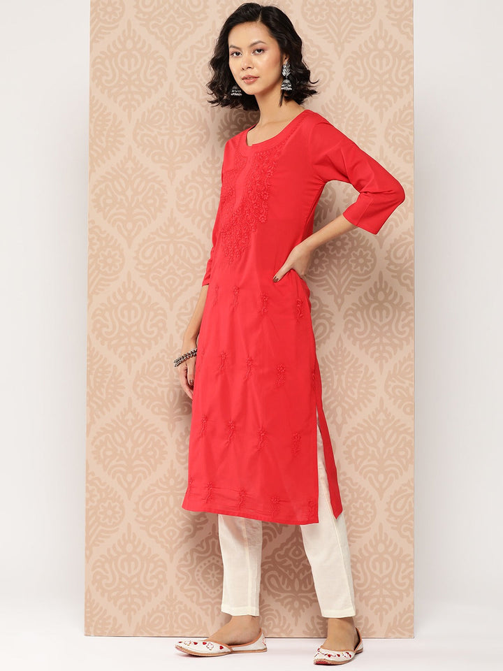 Red Floral Embroidered Chikankari Cotton Kurta-Yufta Store-1285KURRDS