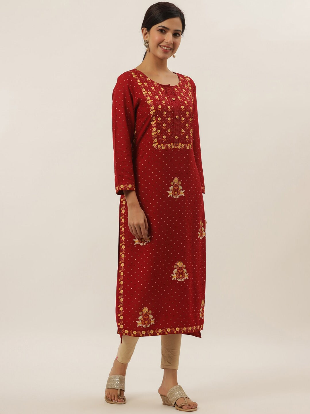 Red Floral Printed Kurta-Yufta Store-5809KURRDM