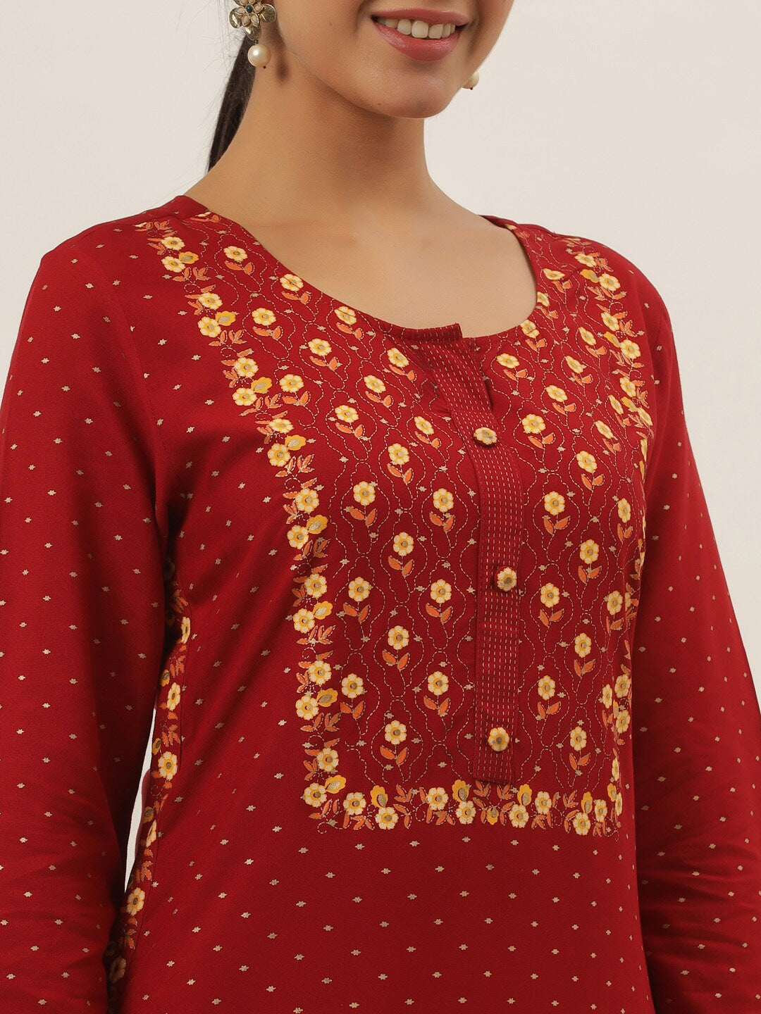 Red Floral Printed Kurta-Yufta Store-5809KURRDM